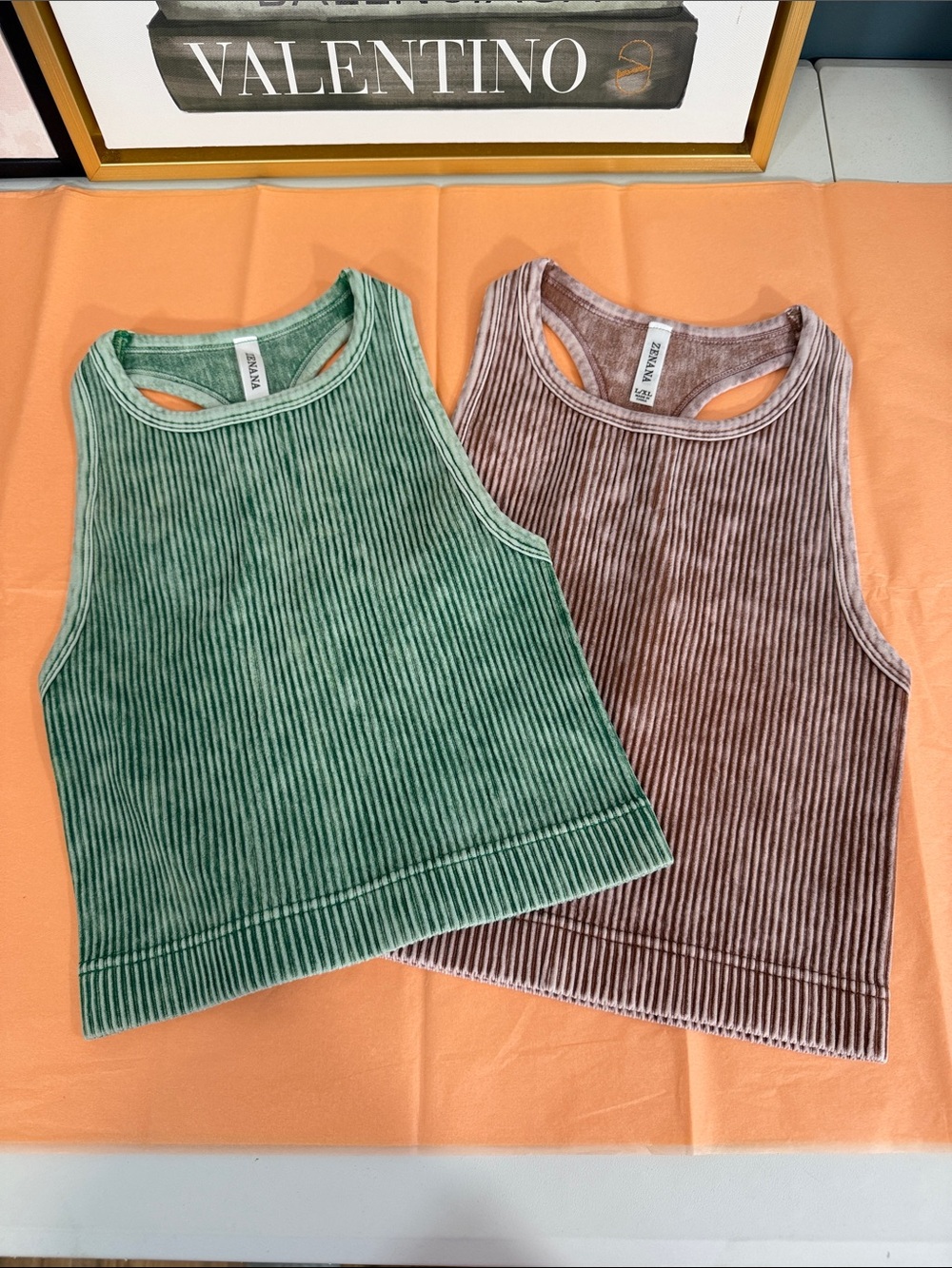 Set of 2 - Zenana Ribbed Racerback Crop Tank Bramis in Green and Brown